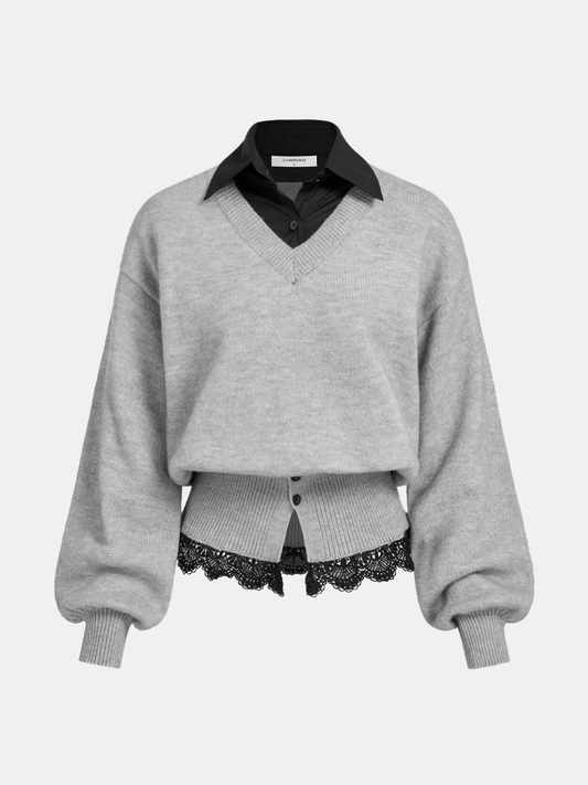 Contrast Collar Lace Hem Sweater for Women Elegant Style