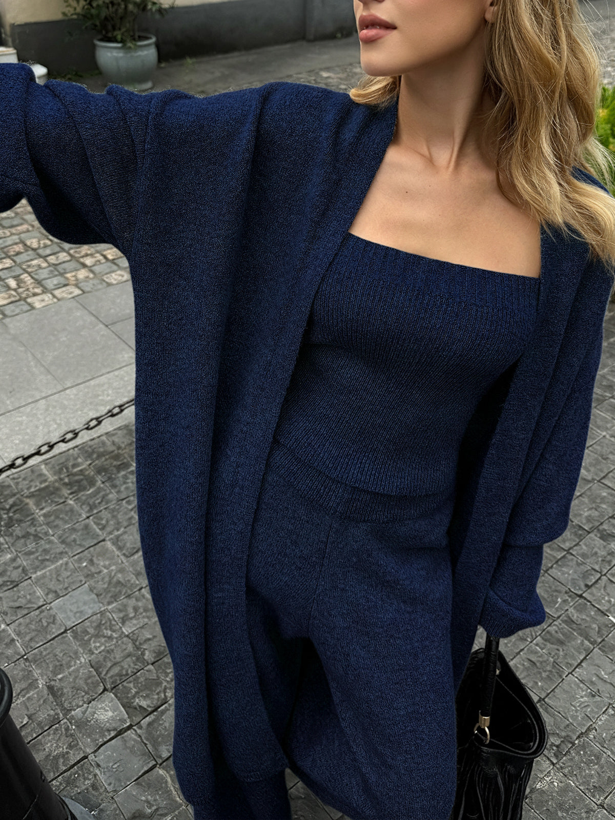 Three-Piece Knit Bustier Cardigan Pants Set for Women Comfort Fit