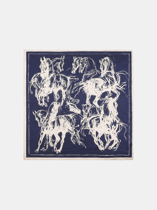 Horse Sketch Print Silk Scarf, Elegant Equestrian Lightweight Fashion Accessory