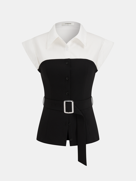 Collared Color Block Sleeveless Belted Blouse Women's Fashion Top