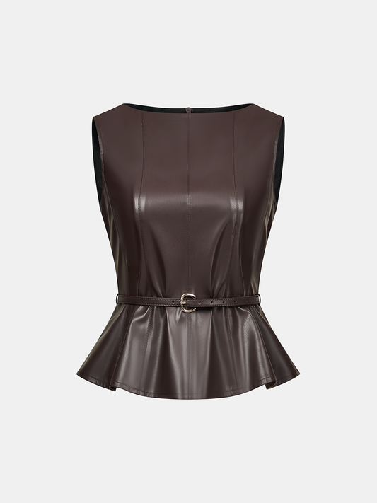 Belted Faux Leather Top with Trendy High Collar