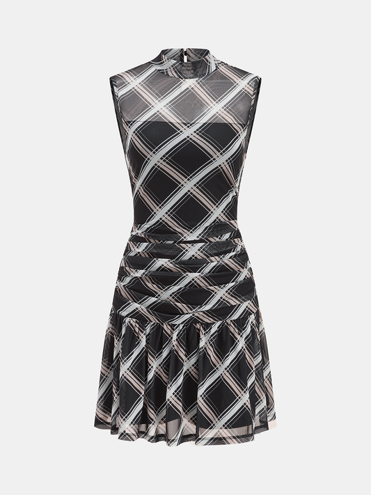 Mock Neck Ruffle Sheer Plaid Mini Dress for Women Casual Party