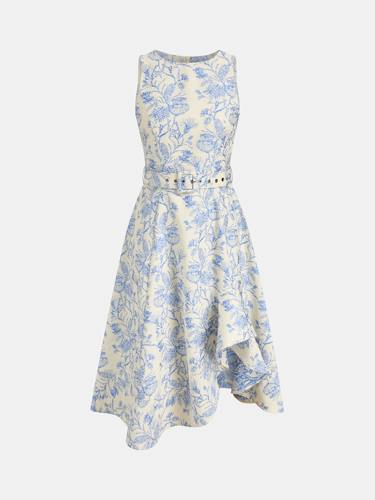 Sleeveless Floral Belted Asymmetrical Dress for Women Spring Fashion