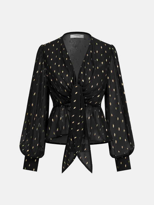 Foil Spot Print Tie-Front Chiffon Blouse with Flutter Sleeves and Keyhole Detail