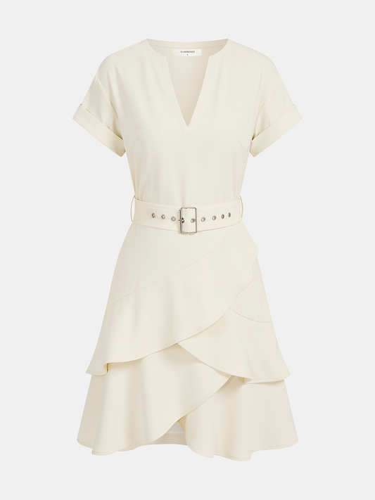Belted V-Neck Short Sleeve Ruffle Dress with Floral Print Detail