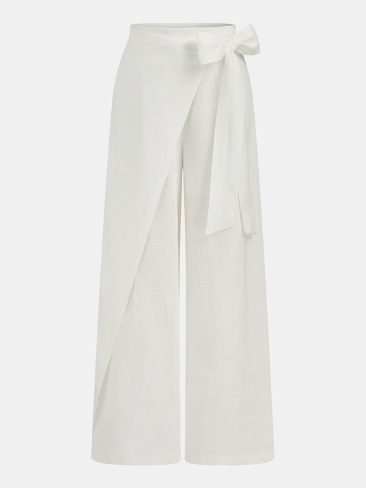 Bow Tie Wrap Linen Wide Leg Pants High Waist Casual Comfort