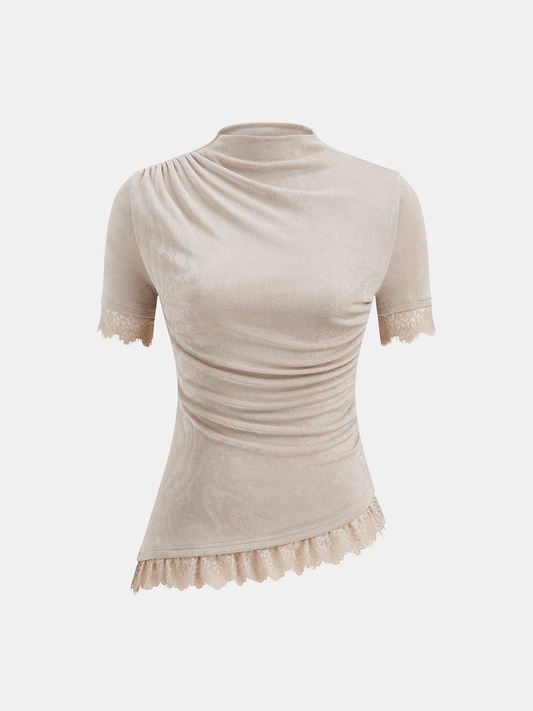 Mock Neck Ruched Lace Trim Top for Women Elegant Design