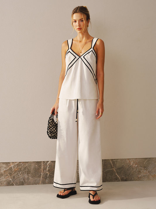 Contrast Trim Cami Top & Wide Leg Pants Set for Women Casualwear