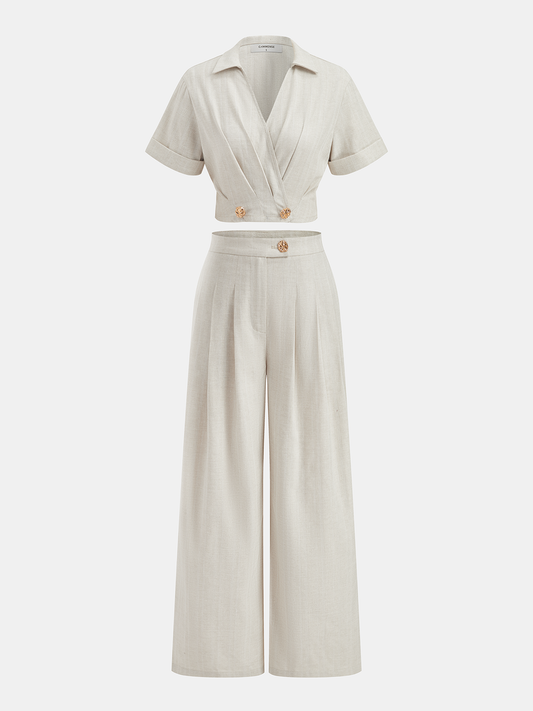 Cotton Linen Crop Top & Pleated Pants Set for Women Comfort Fit