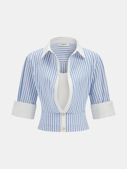 Striped Cotton Blend Cropped Shirt for Women Casual Summer Wear