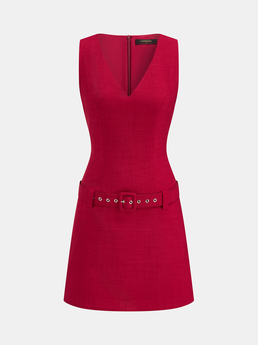 Belted V-Neck Sleeveless Mini Dress for Women, Casual Summer Style