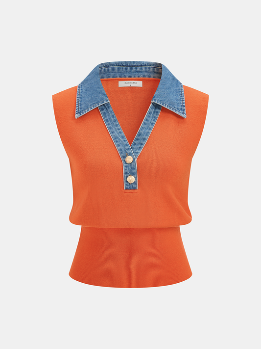 Denim Collar Metal Button Sleeveless Knit Vest, Casual Layering Fashion Piece