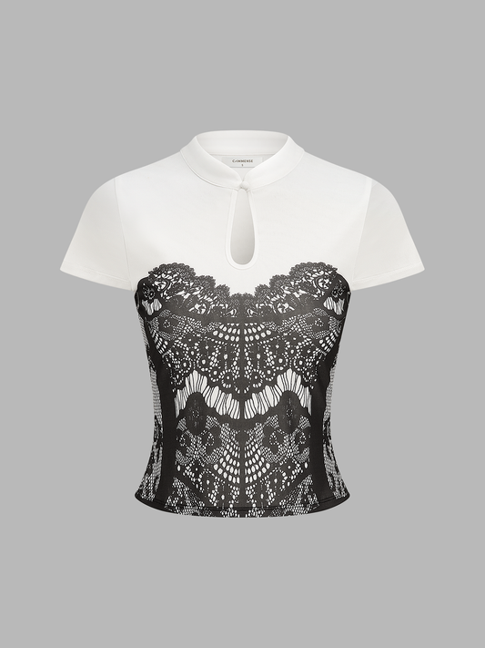 Lace Print Keyhole Neck Short Sleeve Top Women's Casual Blouse