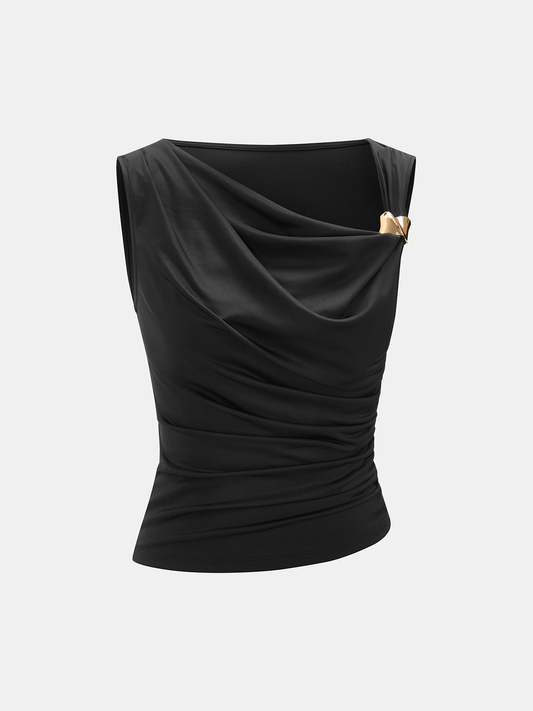 Metal Detail Satin Ruched Cowl Neck Tank Top with Adjustable Straps