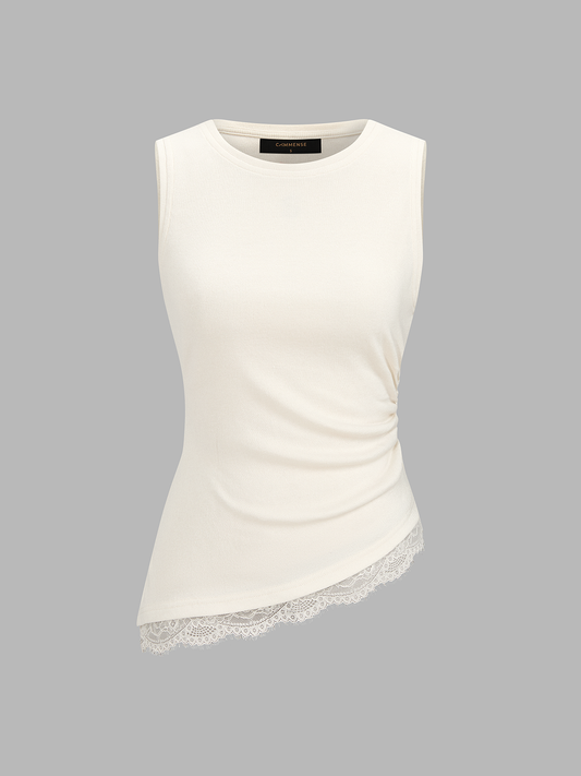 Ruched Asymmetric Lace Trim Tank Top for Women Casual Wear