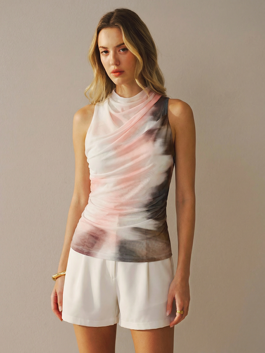Tie-Dye Mesh Cowl Neck Sleeveless Top Fashion Apparel