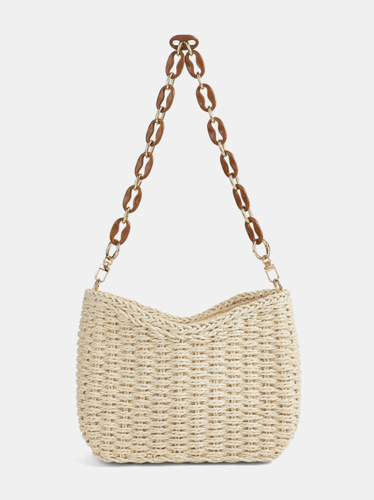 Chain Strap Straw Woven Shoulder Bag for Summer Outfits and Beach Trips