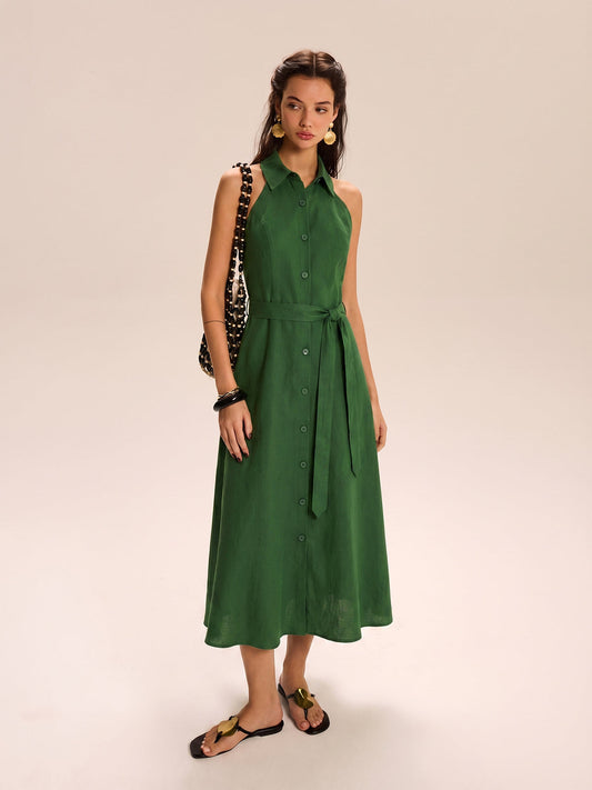 Belted Cotton Linen Halter Shirt Maxi Dress for Women, Summer Casual