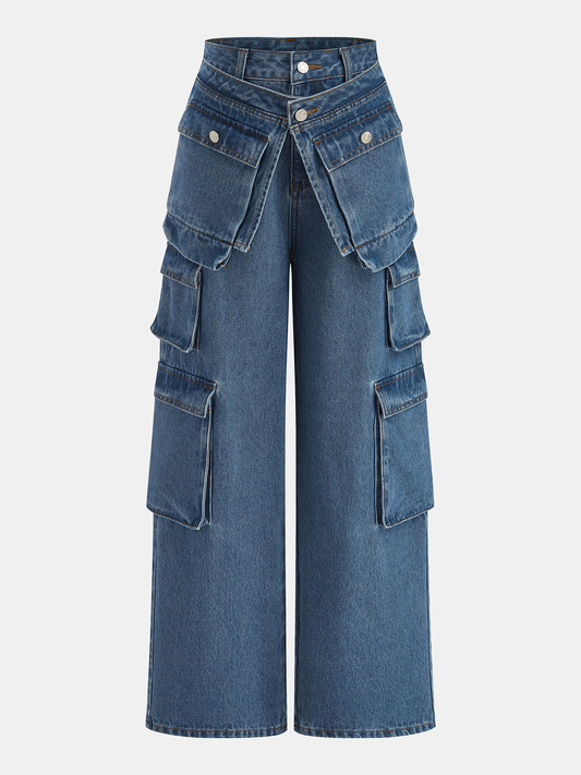 Multi Pocket Wide Leg Denim Pants for Women, Casual Style