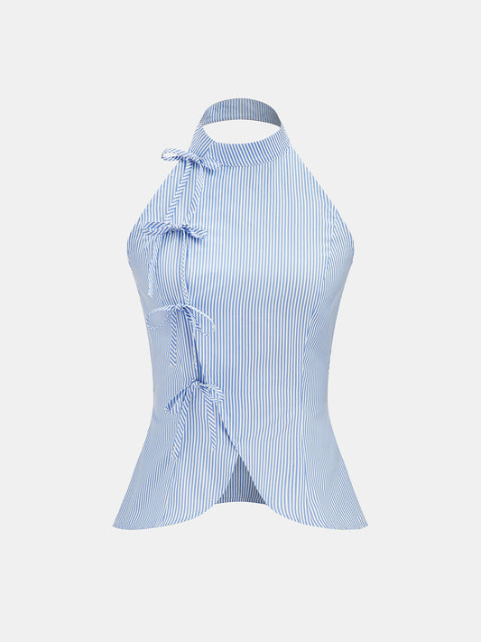Bow Tie Striped Halter Tank Top for Summer Casual Wear