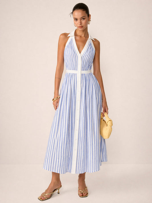 Striped Cotton Blend Collared Halter Midi Dress with Side Pockets and Belt
