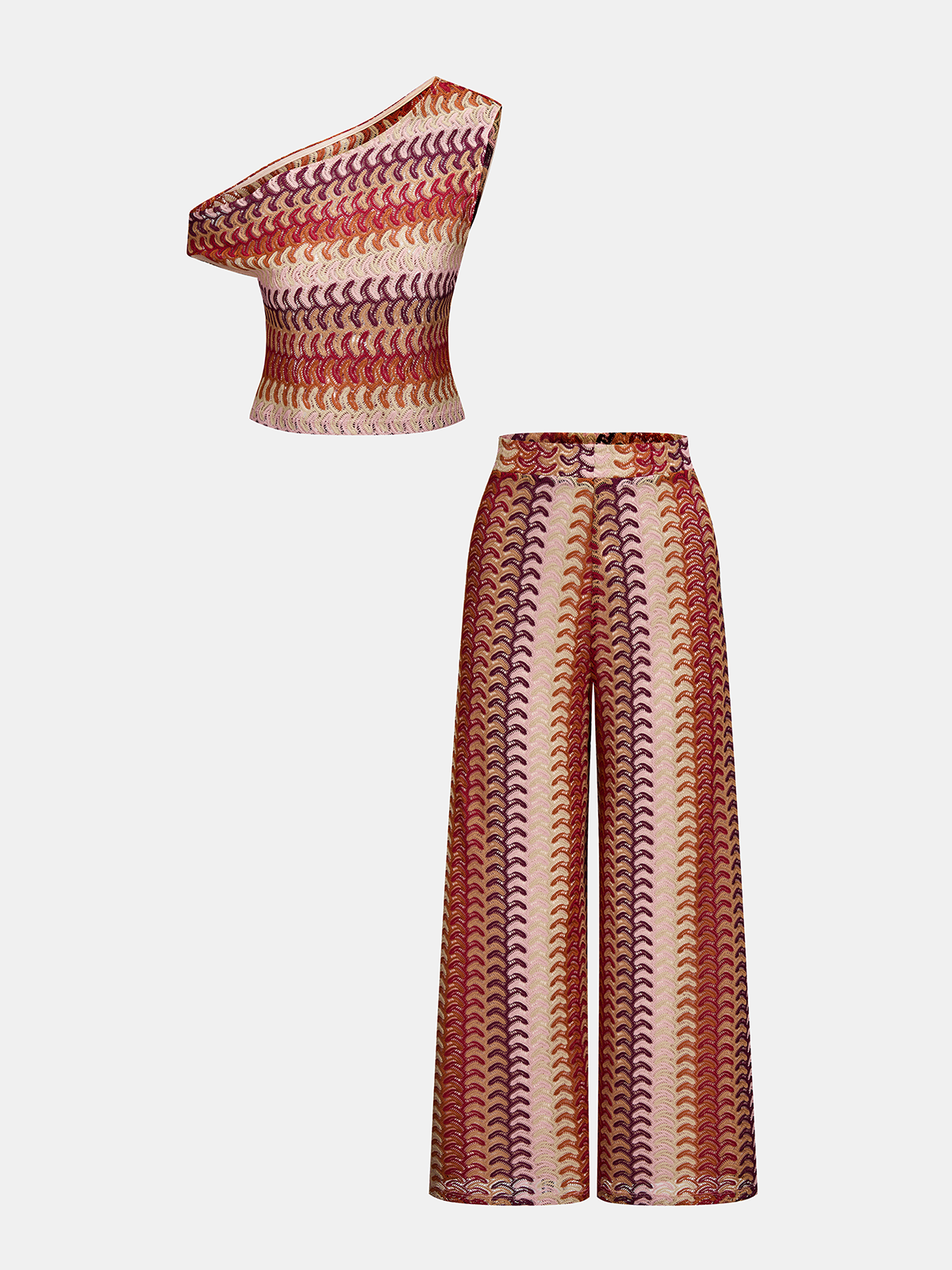 Multicolor One-Shoulder Knit Top & Pants Set for Women Casual Wear
