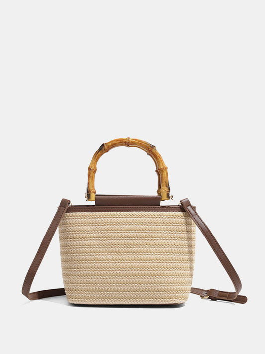 Bamboo Handle Straw Crossbody Handbag Lightweight Summer Beach Tote