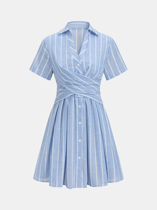 Striped Cotton Linen Short Sleeve Shirt Dress with Belted Waist