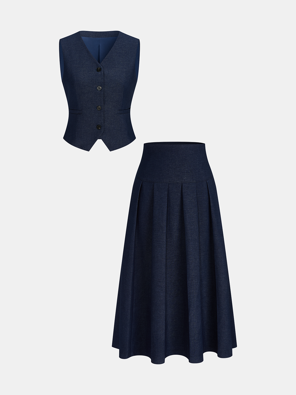 Faux Denim Pleated A-Line Midi Skirt Elastic Waist Casual
