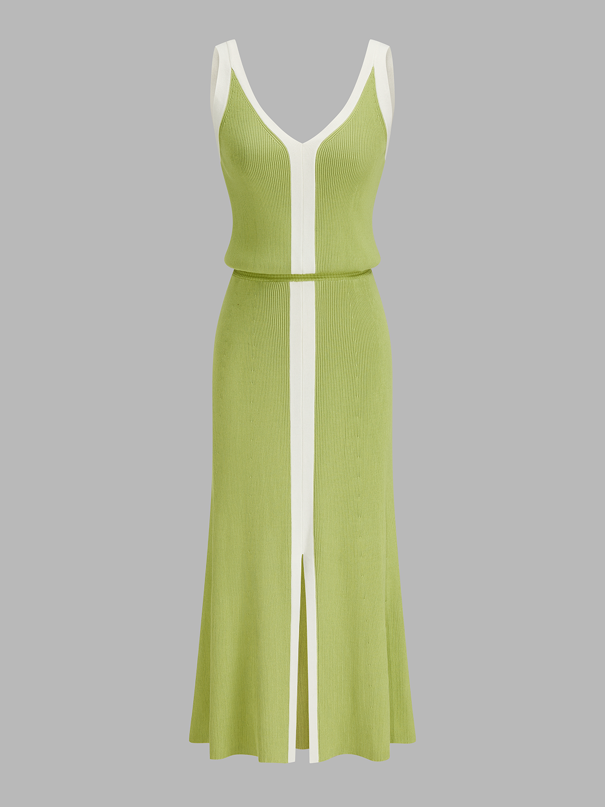 Contrast Trim Slit-Front Ribbed Knit Maxi Dress with Long Sleeves and V-Neck