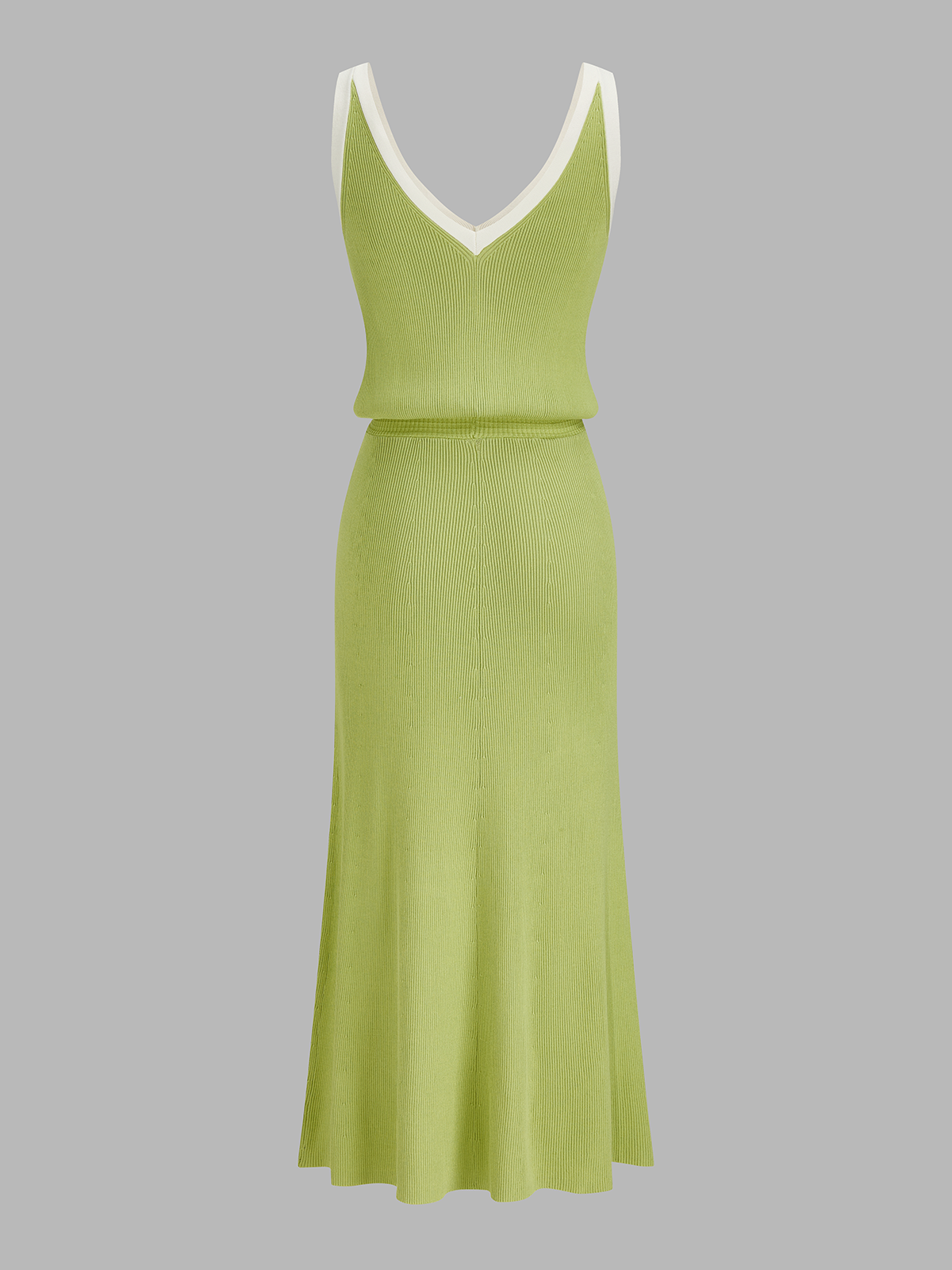 Contrast Trim Slit-Front Ribbed Knit Maxi Dress with Long Sleeves and V-Neck