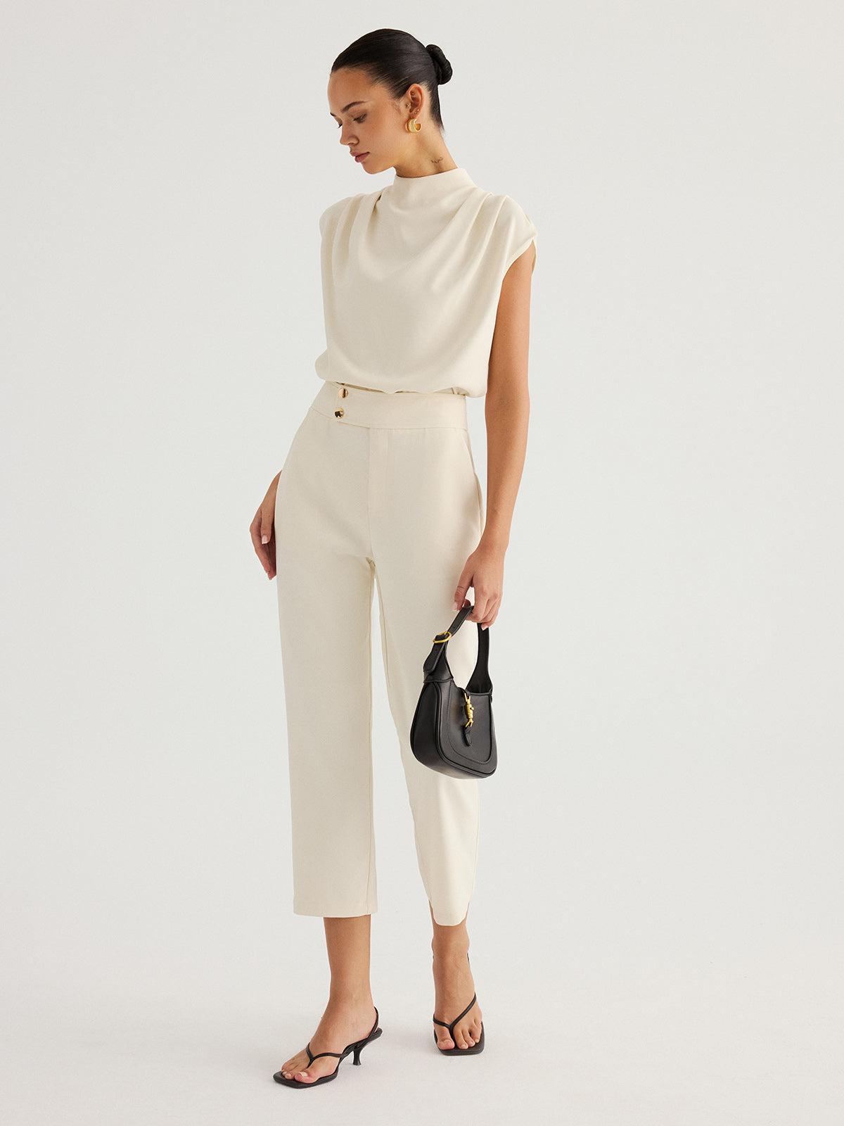 Metal Button Straight-Leg Cropped Pants for Women Casual Fit