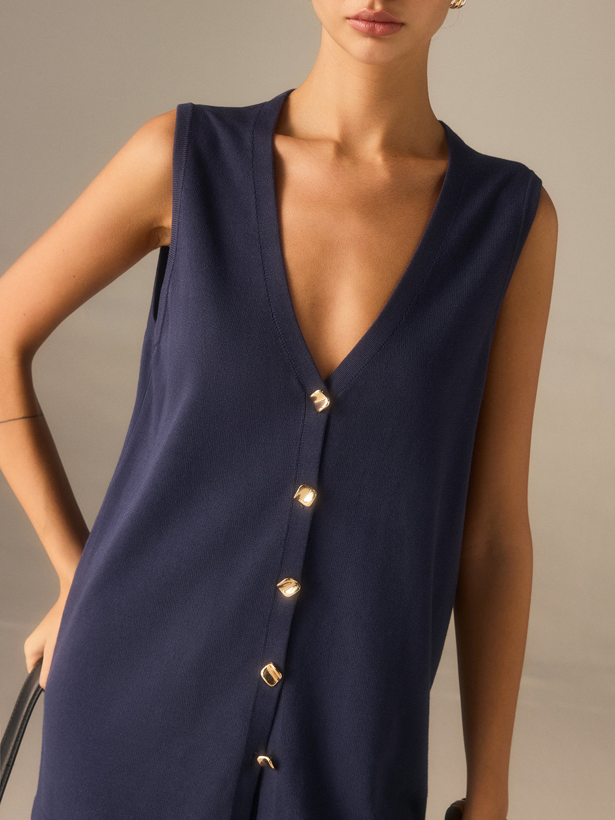 Golden Button Knit Vest Pants Set in Premium Fabric for Stylish Comfort and Durability