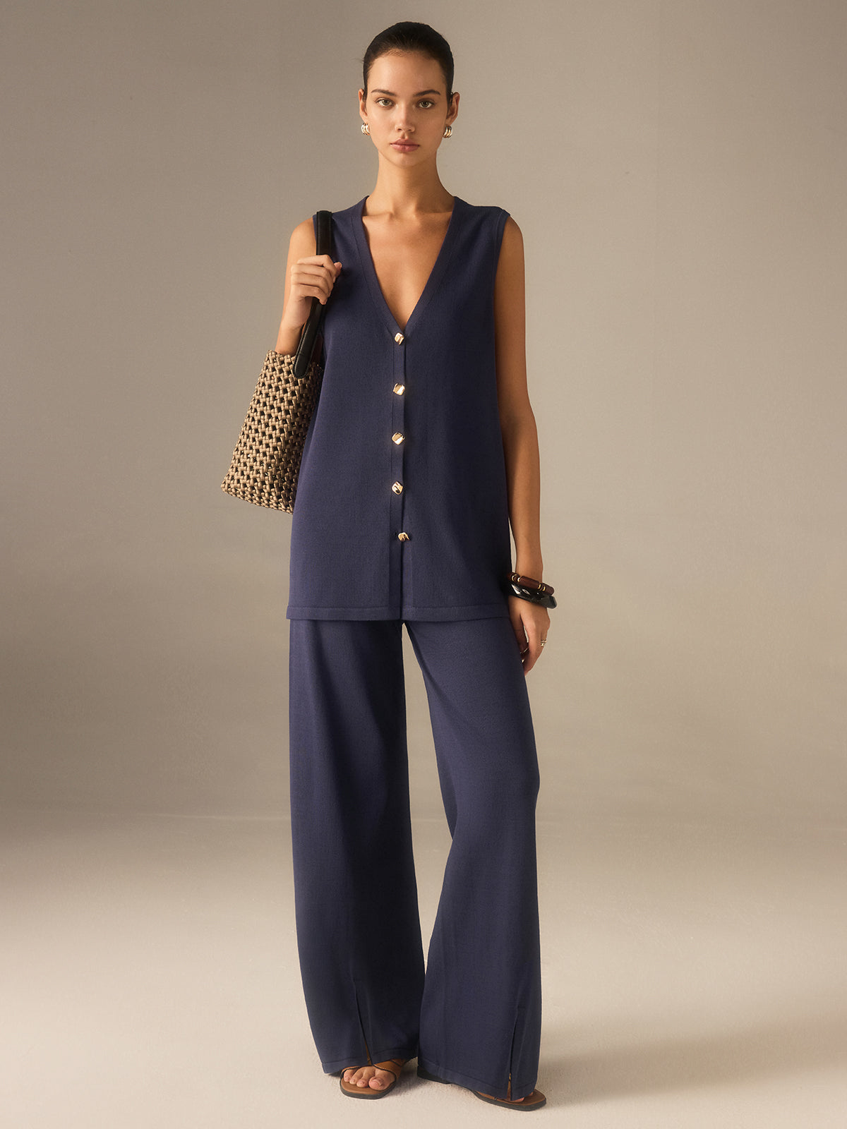 Golden Button Knit Vest Pants Set in Premium Fabric for Stylish Comfort and Durability