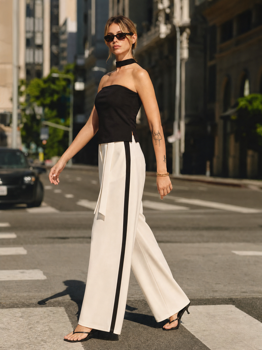 Halter Top & Side-Stripe Belted Pants Set with Matching Accessories