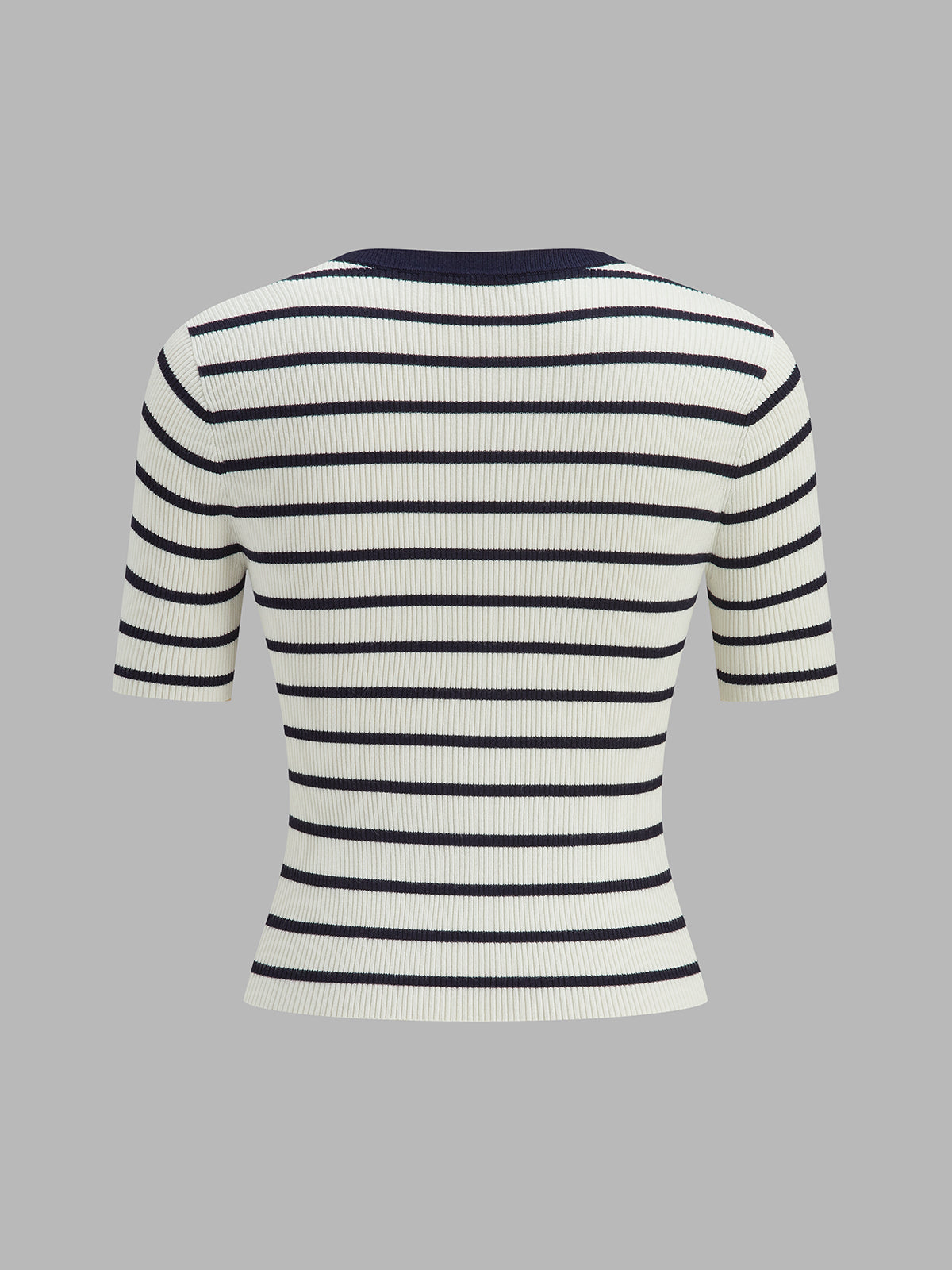 Striped Metal Button Short Sleeve Ribbed Knit Top for Women Casual Wear