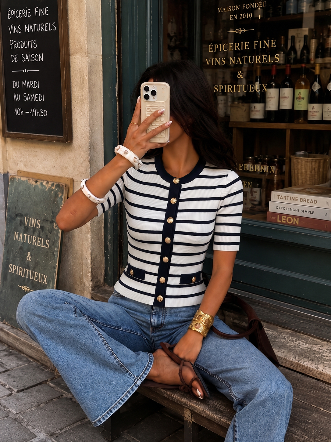 Striped Metal Button Short Sleeve Ribbed Knit Top for Women Casual Wear