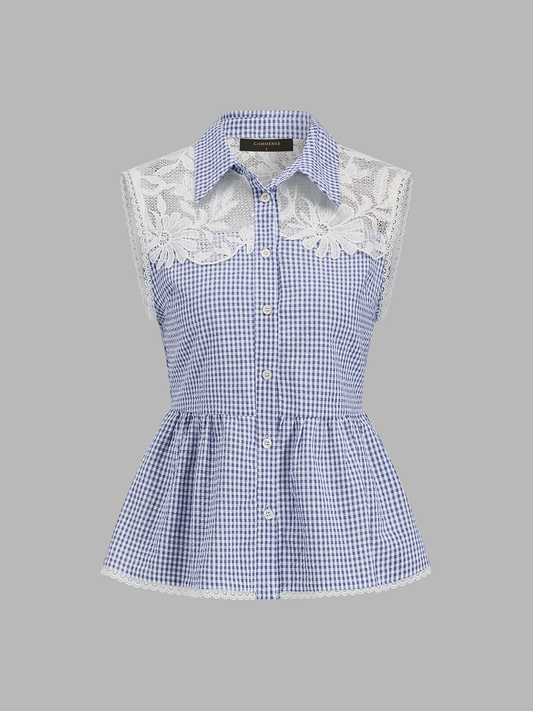 Gingham Lace Panel Sleeveless Peplum Shirt with Ruffled Trim Detail