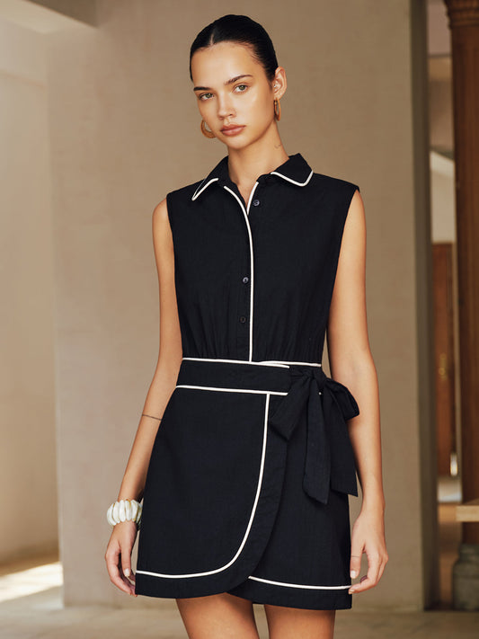 Contrast Piping Sleeveless Collared Cotton Mini Dress with Button Front Closure