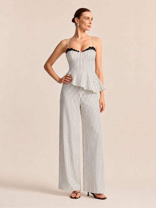 Lace Trim Striped Peplum Top & Pants Set for Women Casual Chic