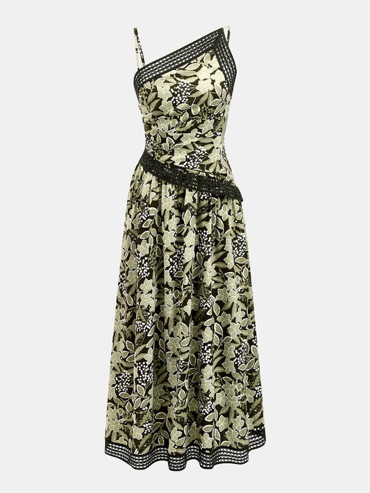 Asymmetric Strap Lace Trim Floral Midi Dress for Women Spring Collection