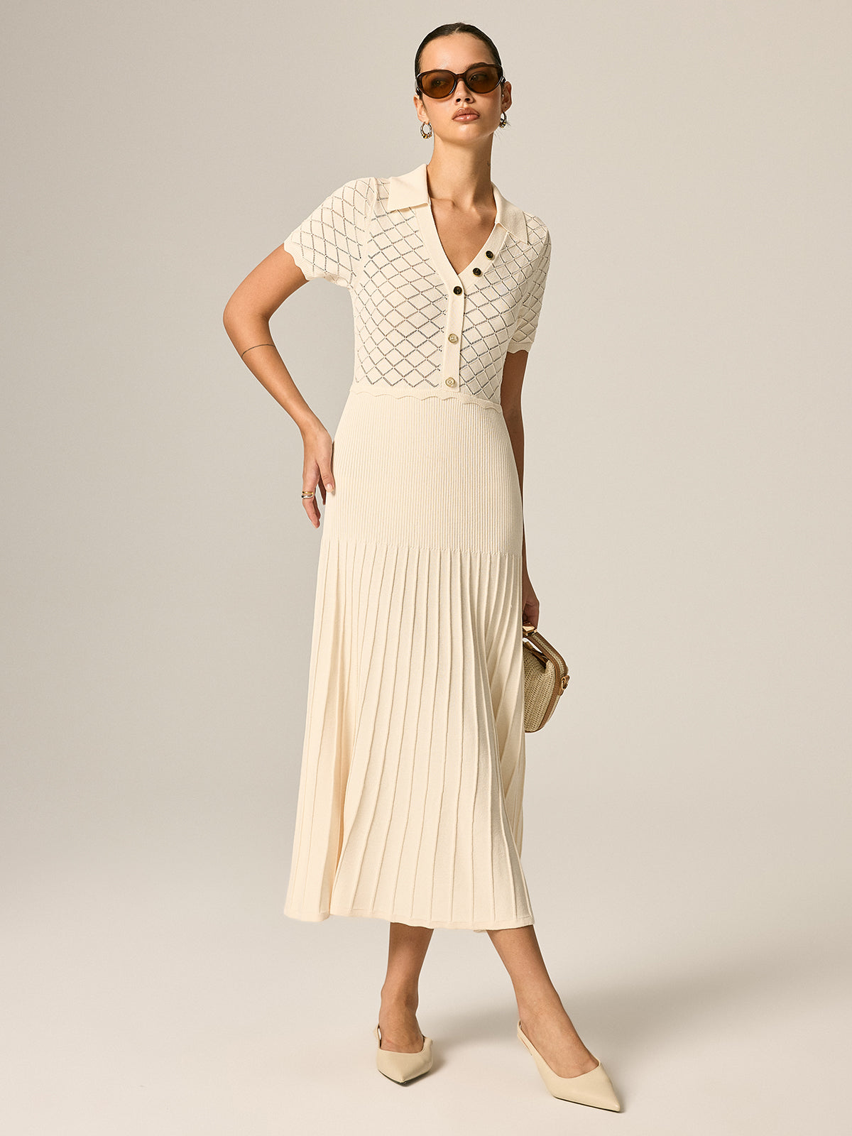 Polo Collar Hollow Knit Pleated Maxi Dress Comfortable Stylish Long Sleeve