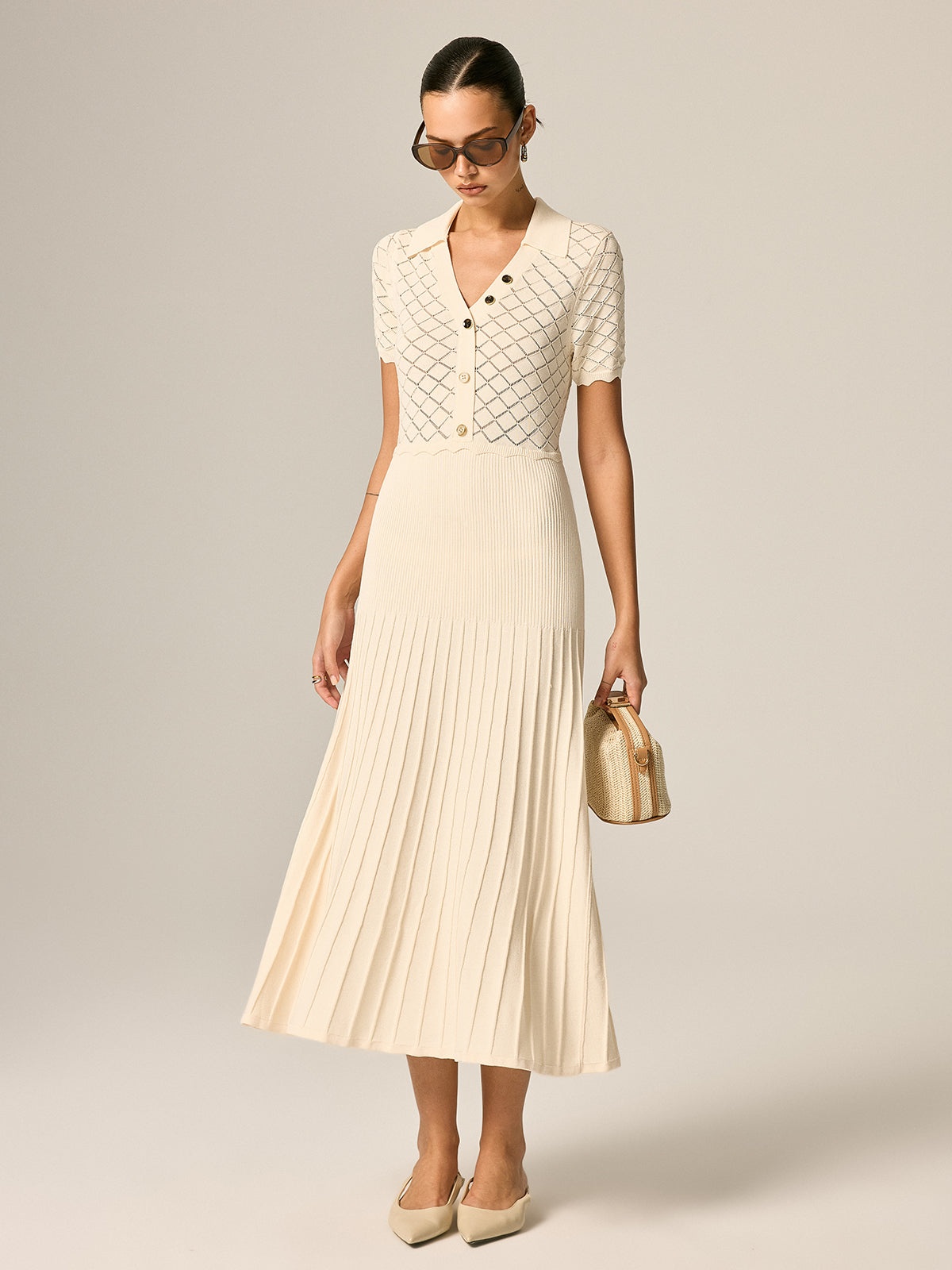 Polo Collar Hollow Knit Pleated Maxi Dress Comfortable Stylish Long Sleeve