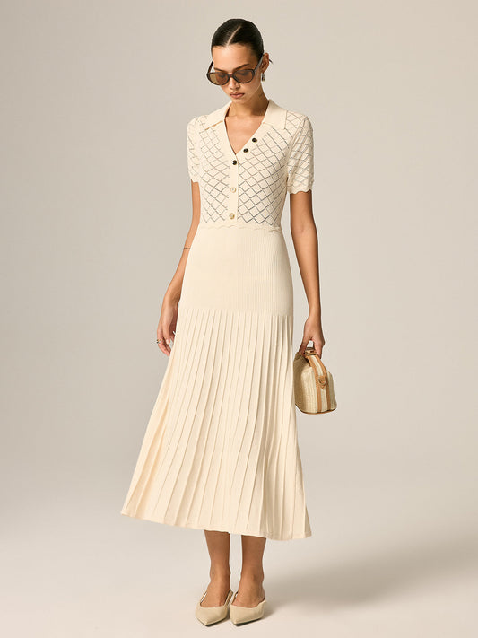 Polo Collar Hollow Knit Pleated Maxi Dress Comfortable Stylish Long Sleeve