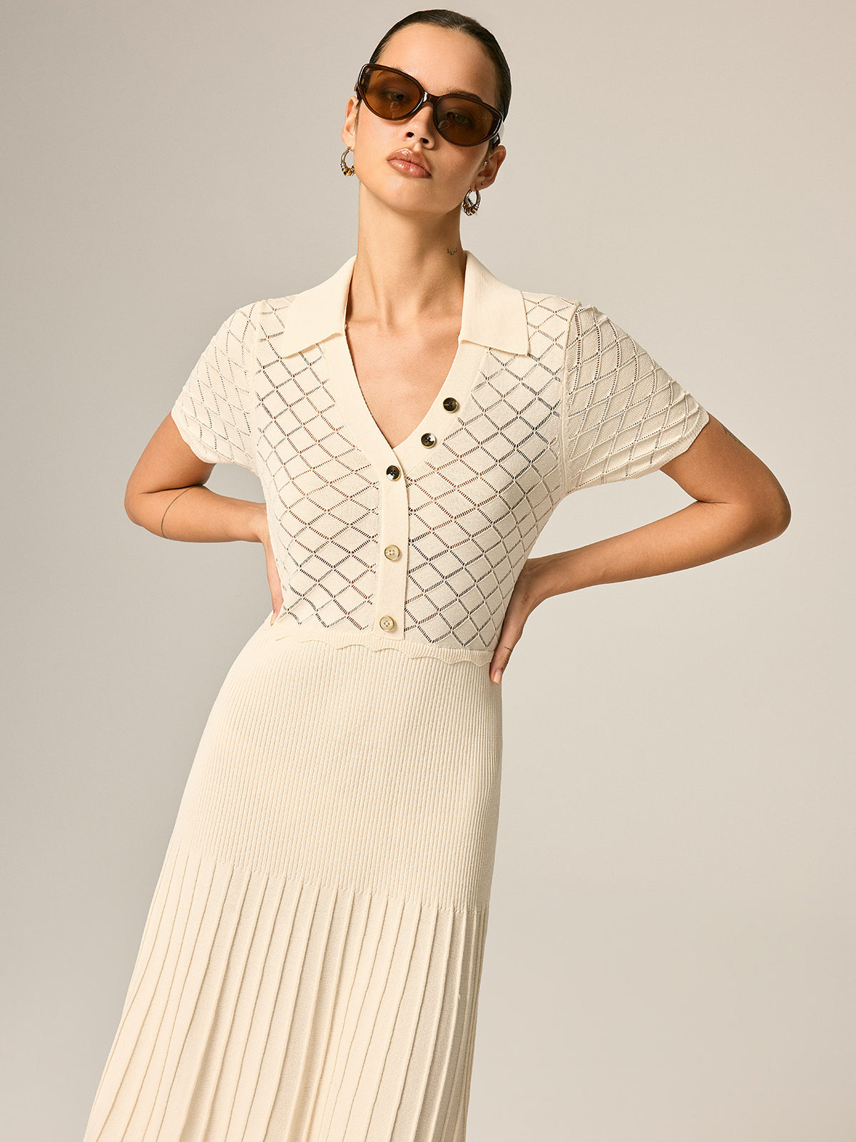 Polo Collar Hollow Knit Pleated Maxi Dress Elegant Long Sleeve Women's