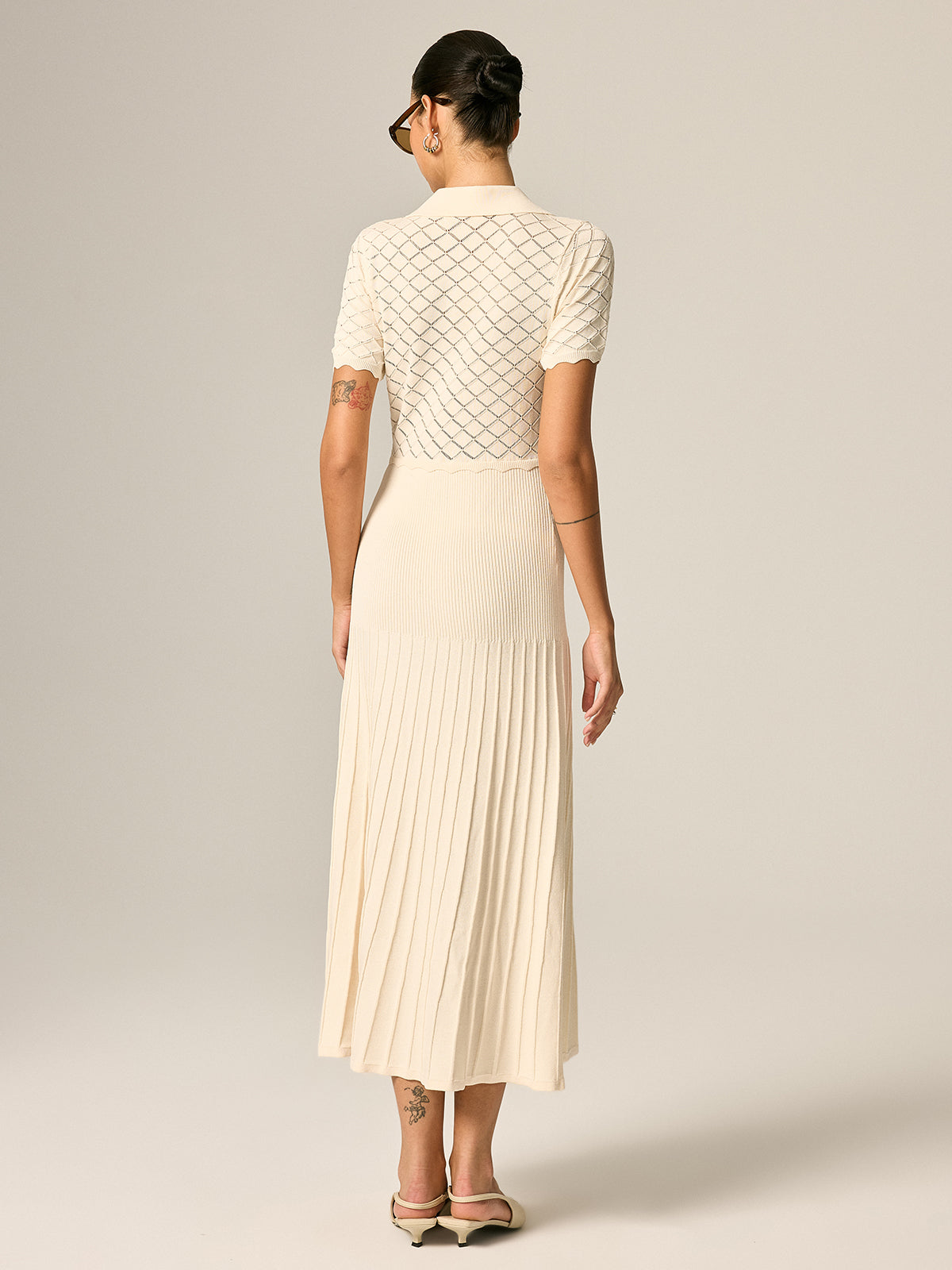 Polo Collar Hollow Knit Pleated Maxi Dress Elegant Long Sleeve Women's