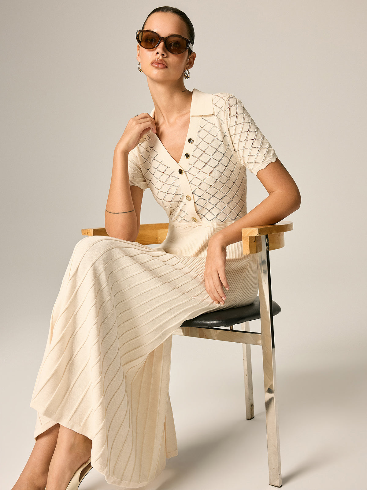 Polo Collar Hollow Knit Pleated Maxi Dress Elegant Long Sleeve Women's