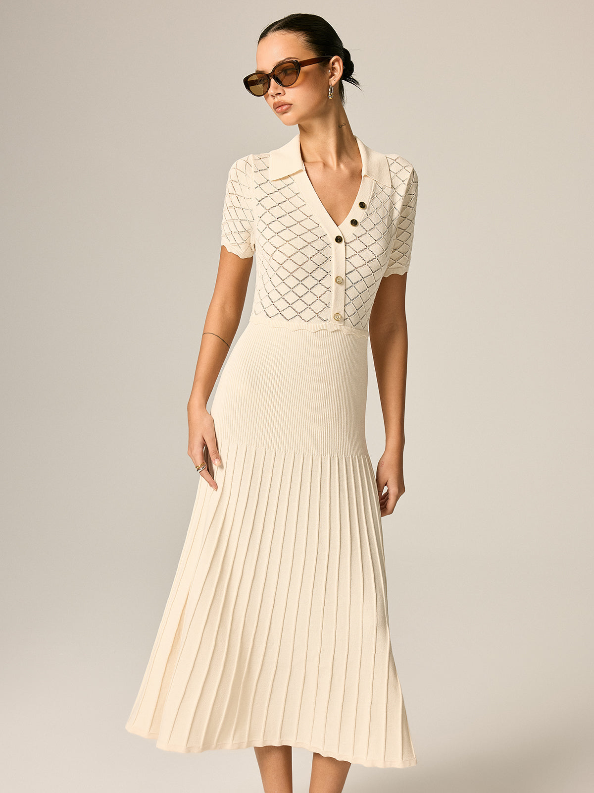 Polo Collar Hollow Knit Pleated Maxi Dress Comfortable Stylish Long Sleeve