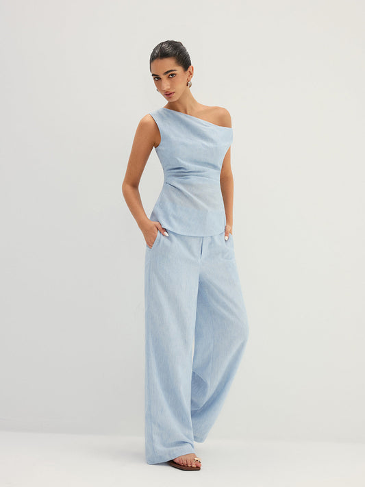 Linen-Like One Shoulder Top & Pants Set Comfortable and Stylish Fit