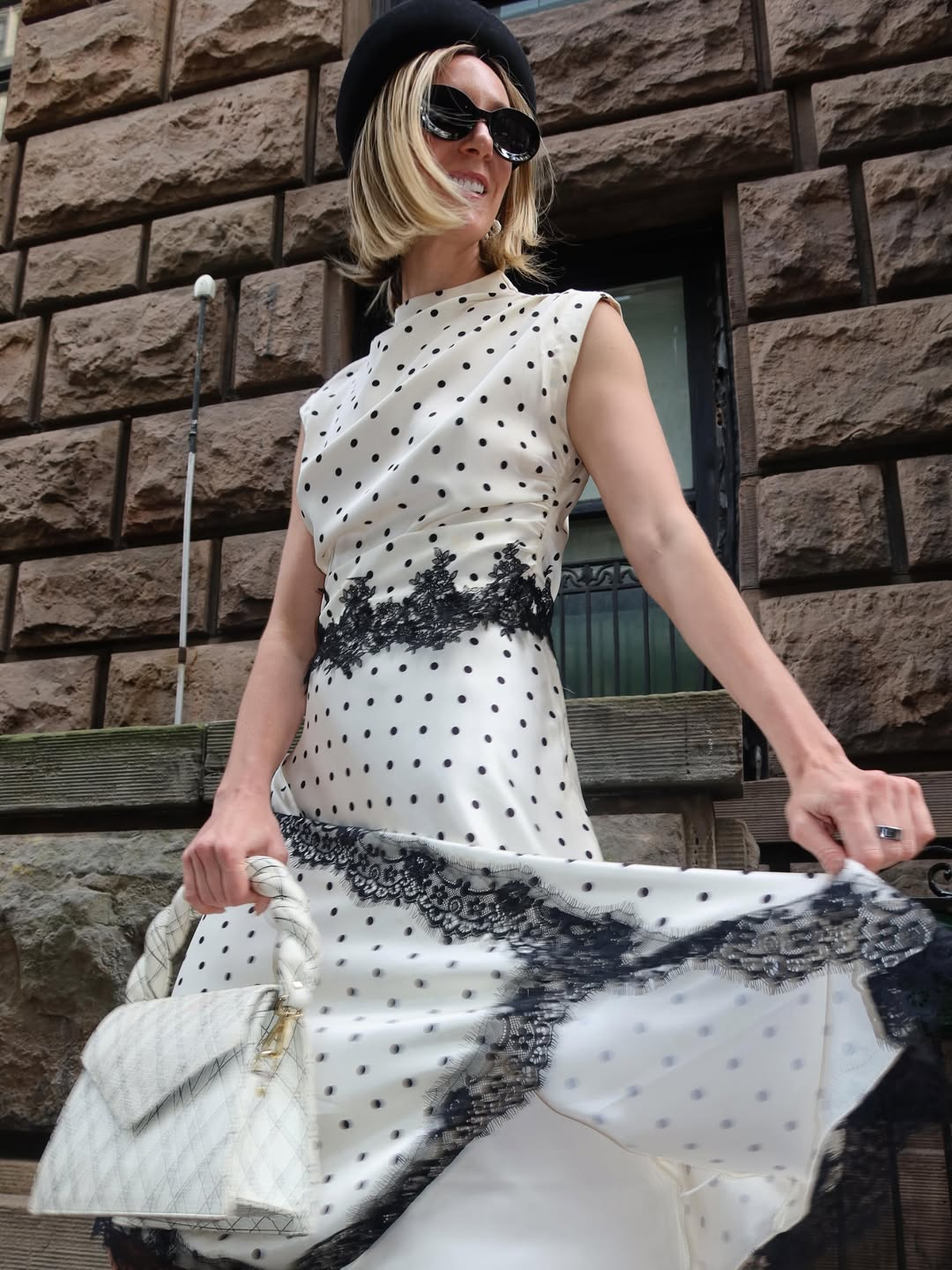Polka Dot Top & Lace Trim Midi Skirt Set Classic Women's Outfit